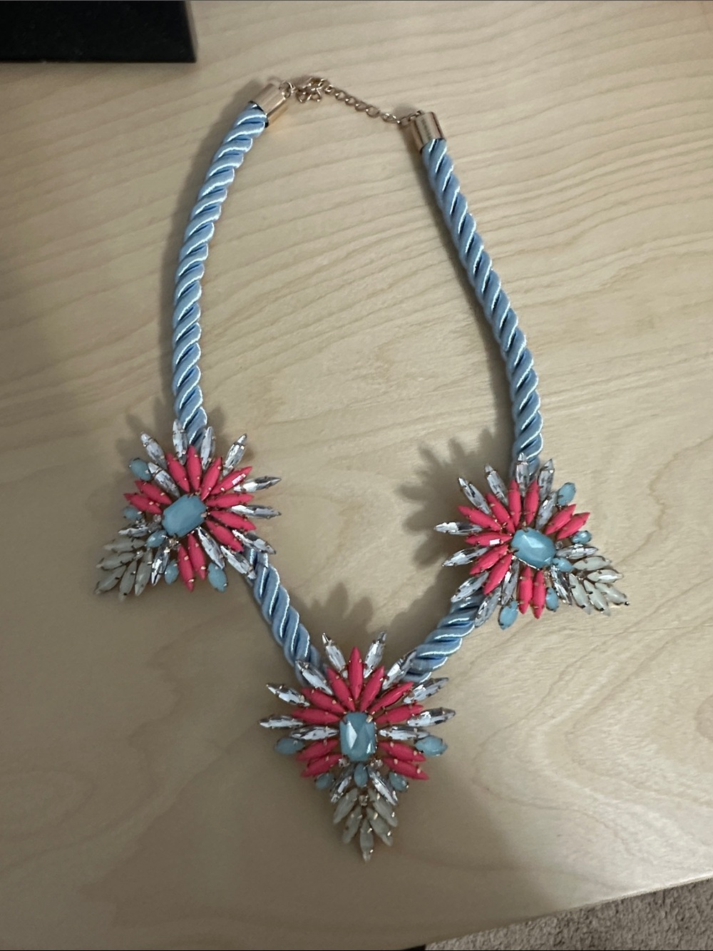 Francesca's Collections Blue Rope Necklace with Pink & Blue Floral Clusters